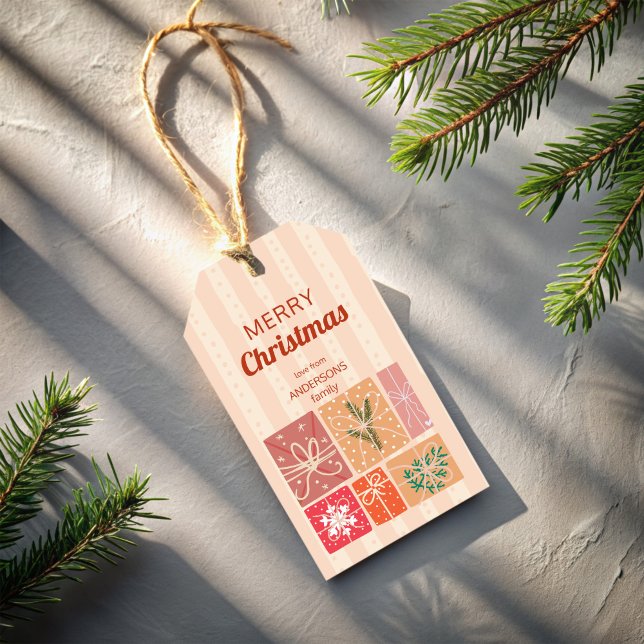 Étiquettes-cadeau Nostalgie rétro Noël dépouillé personnalisé (Nostalgia retro stripes personalized  Christmas Gift Tags pastel creative gift tags)