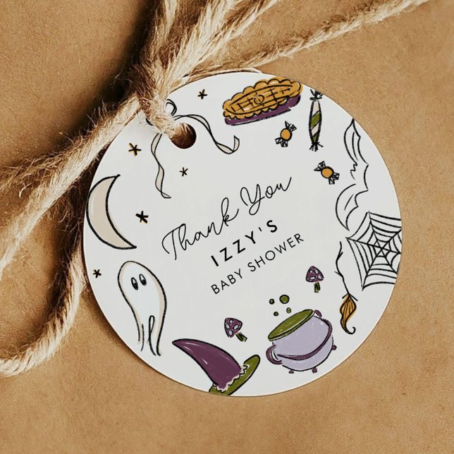 Étiquettes Cadeau Notre petit Baby shower d'Halloween presque dû (Our Little Boo is Almost Due Halloween Illustrations Personalized  Baby Shower Favor Tags)