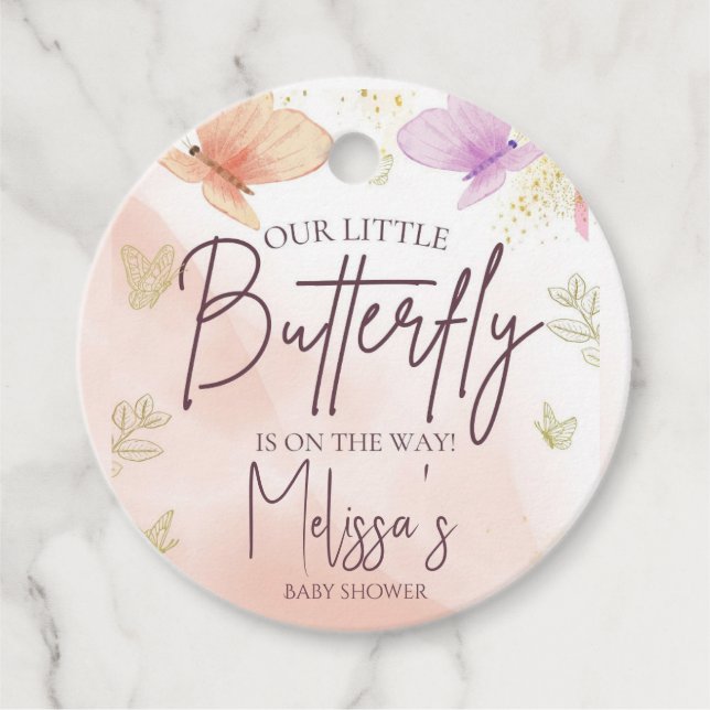 Étiquettes Cadeau Notre Petite Aquarelle Papillon Pink Purple Gold (Devant)