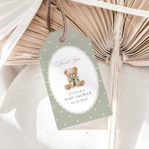 Étiquettes-cadeau Nounours, Nœud, Points verts, Baby Shower