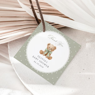 Étiquettes Cadeau Nounours, Nœud, Points verts, Baby Shower