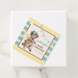Étiquettes Cadeau Nounours sur Scooter, Baby Shower Rayé
