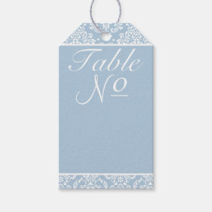 Étiquettes-cadeau Numéro de table de réception Mariage damassé bleu