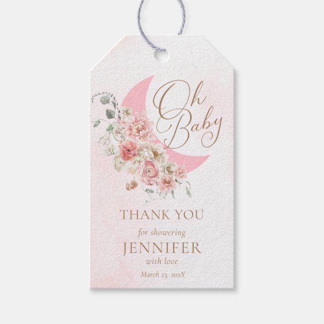 Étiquettes-cadeau Oh Baby Moon Baby shower rose Merci (Devant)