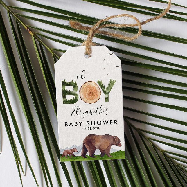 Étiquettes-cadeau Oh Boy Aquarelle Bois Ours Baby shower (Créateur téléchargé)