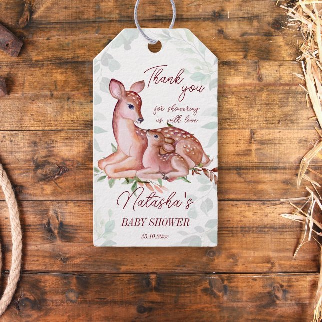 Étiquettes-cadeau Oh cerf baby shower merci cadeau (Oh deer woodlands baby shower thank you favor gift tags cute doe and a foal forest greenery)
