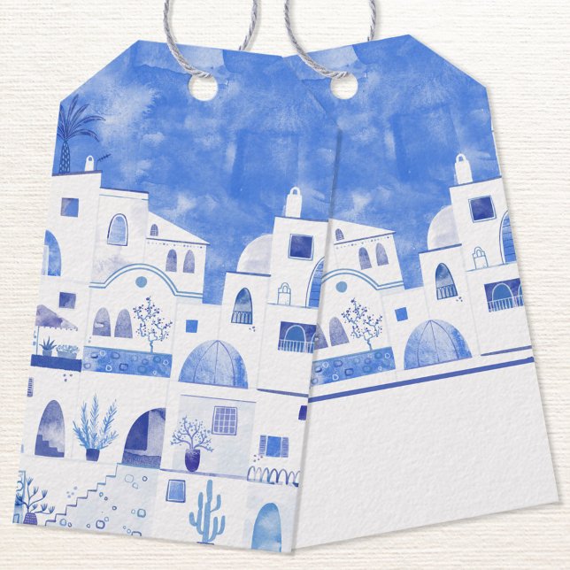 Étiquettes-cadeau Oia Santorini peinture aquarelle (Santorini Greek town watercolor blue and white gift tag)