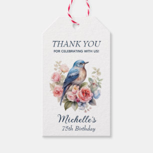 Étiquettes-cadeau Oiseau Bleu Fleurs Roses Merci