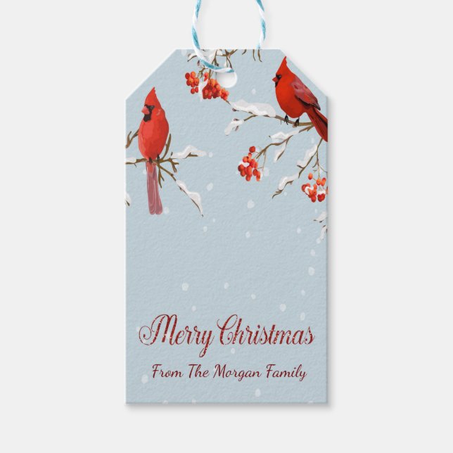 Étiquettes-cadeau Oiseaux cardinaux rouges Noël de neige (Devant)
