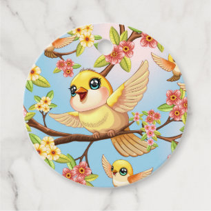 Étiquettes Cadeau Oiseaux mignons et heureux parmi les fleurs du pri