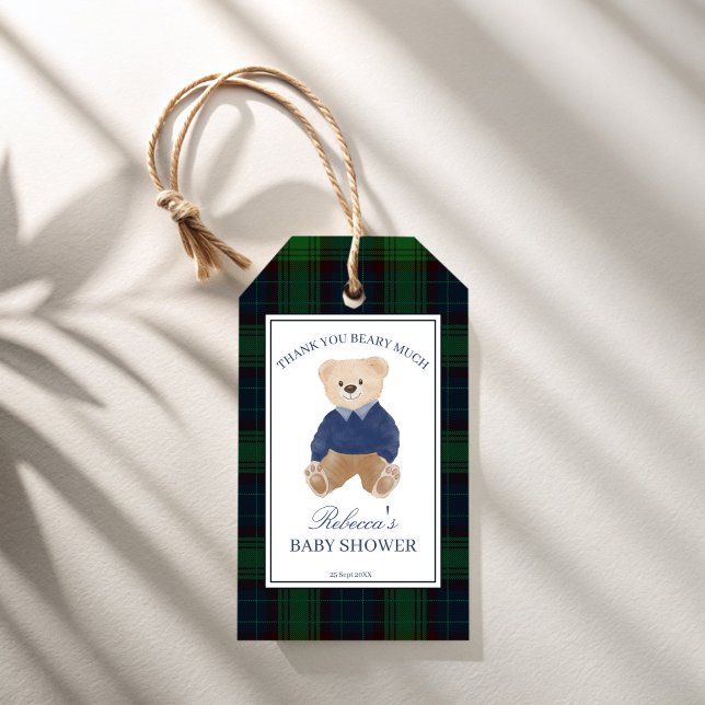 Étiquettes-cadeau On peut attendre le baby shower plaid classique fa (We can bearly wait classic plaid polo teddy bear baby shower favors personalized favor gift tags)