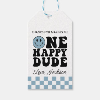 Étiquettes-cadeau One Happy Dude Anniversaire Favoriser Tags en bleu