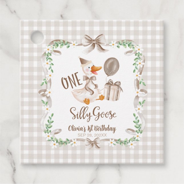 Étiquettes Cadeau One Silly Goose Brown Bow 1st Birthday (Devant)