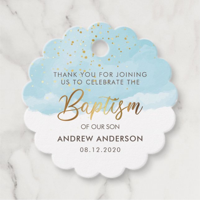 Étiquettes Cadeau Or Et Bleu Aquarelle Garçon Baptême Merci (Devant)