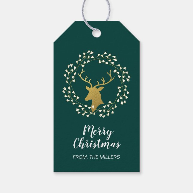 Étiquettes-cadeau Or et vert | Joyeux Noël de cerf moderne (Devant)