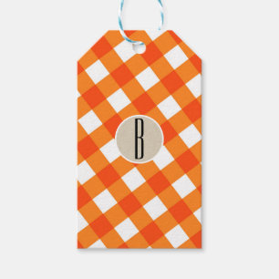 Étiquettes-cadeau Orange Blanc Carreaux Kraft Rustique Monogramme In