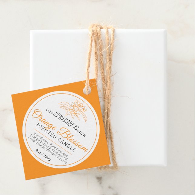 Étiquettes Cadeau Orange fleur dessin bougie ingrédients code barre (En situation)