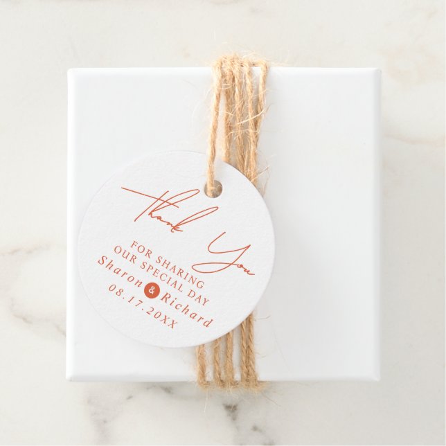 Étiquettes Cadeau Orange script calligraphie Merci mariage de automn (En situation)