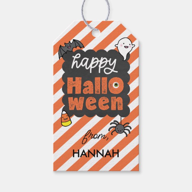 Étiquettes-cadeau Orange Stripe Happy Halloween Les enfants Treat (Devant)