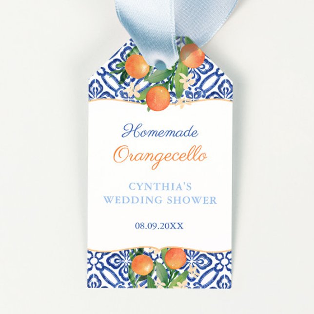 Étiquettes-cadeau Orangecello Positano Oranges Fête des mariées Favo (Elegant citrus blue and white tiles Orangecello or homemade item bridal shower favor tags)