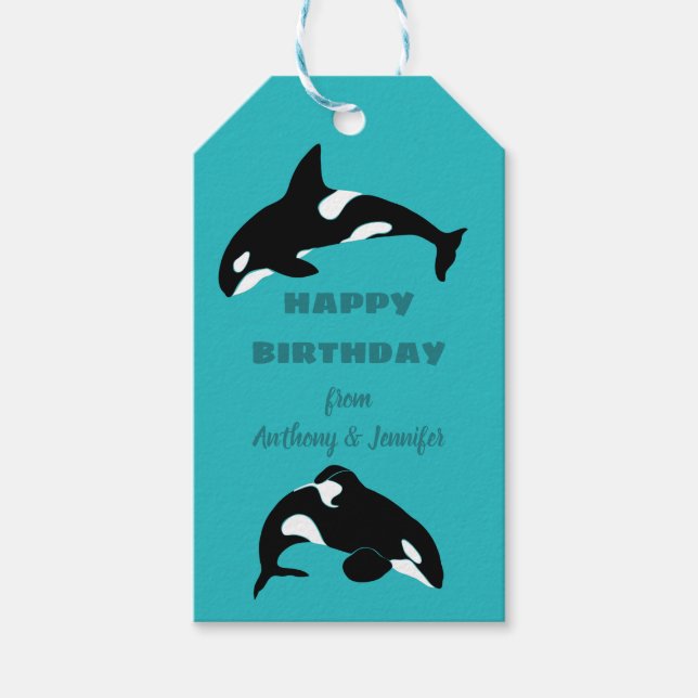 Étiquettes-cadeau Orcas Tueur Baleines Turquoise Bleu Personnalisé (Devant)