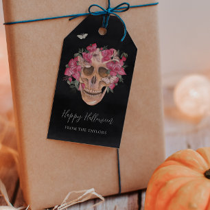 Étiquettes-cadeau Orchidée rose Crâne floral Personnalisé Halloween