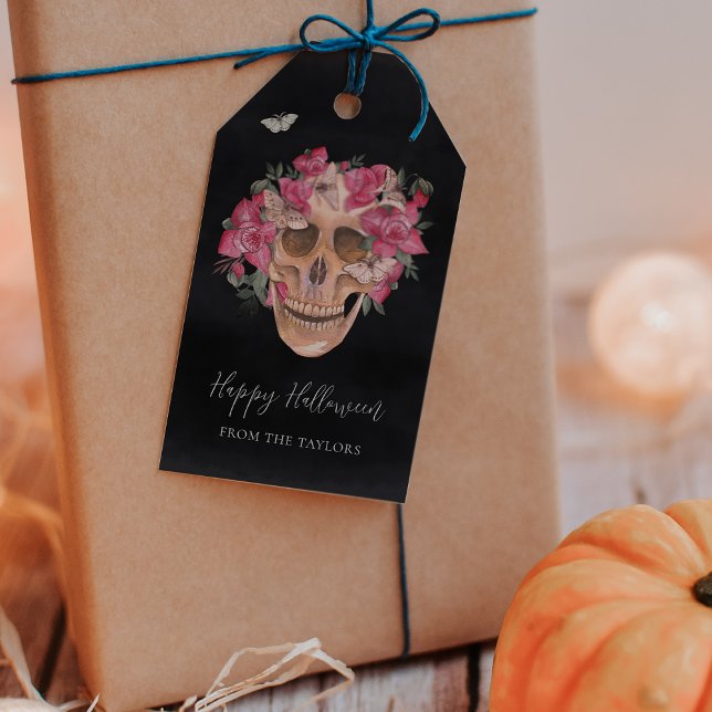 Étiquettes-cadeau Orchidée rose Crâne floral Personnalisé Halloween (Créateur téléchargé)