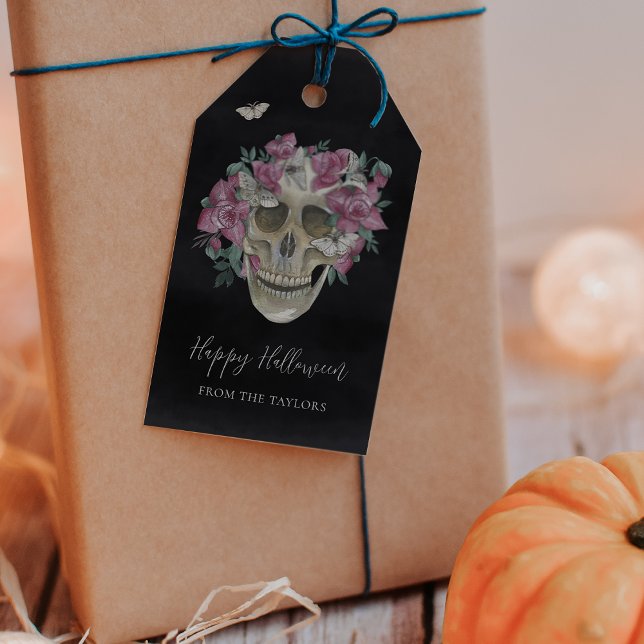 Étiquettes-cadeau Orchidée rose Crâne floral Personnalisé Halloween (Créateur téléchargé)
