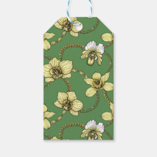 Étiquettes-cadeau Orchidées et chaînes, jaune et vert kelly