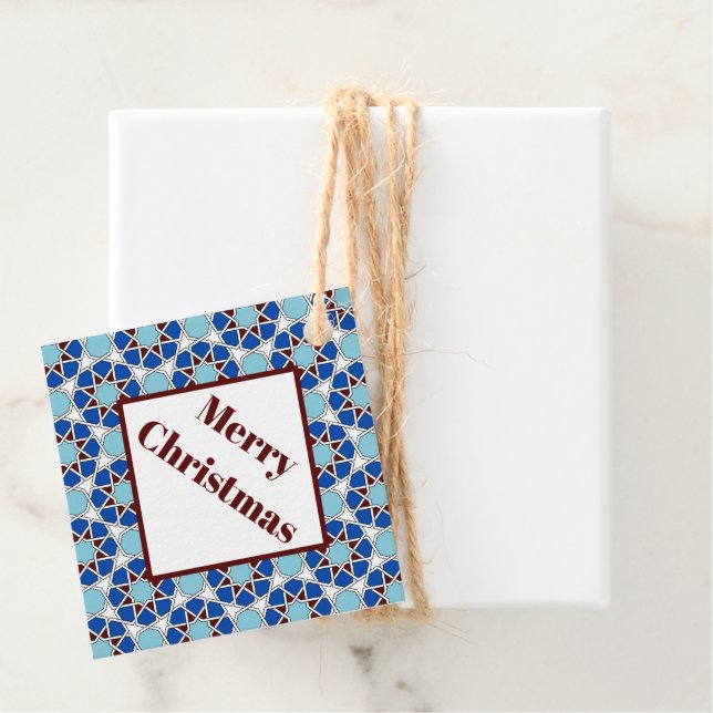 Étiquettes Cadeau Oriental Bleu Blanc Marocain Motif géométrique (En situation)