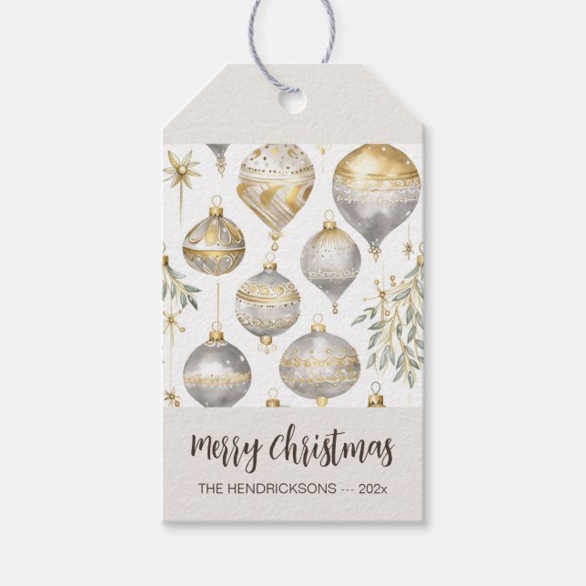 Étiquettes-cadeau Ornements de Noël en argent d'or (Devant)