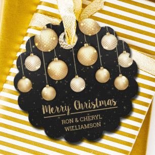 Étiquettes Cadeau Ornements de Noël en or sur noir