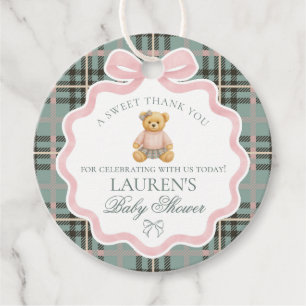 Étiquettes Cadeau Ours à nœud papillon rose Tartan Baby Shower Circl