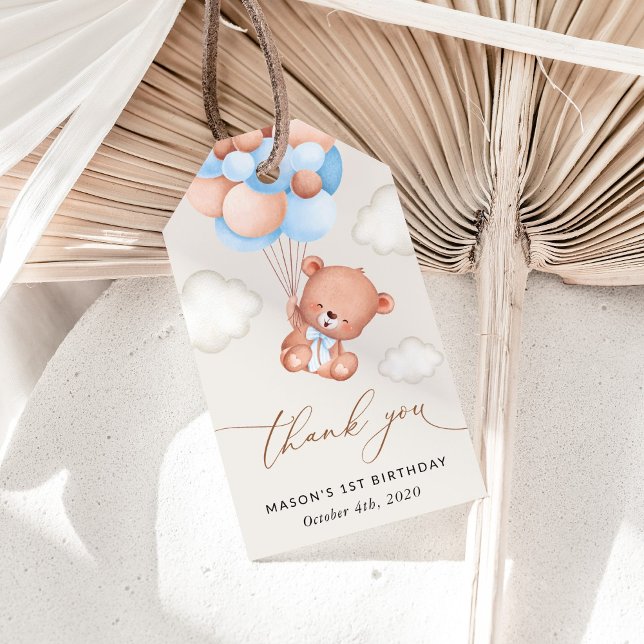 Étiquettes-cadeau Ours Bébé, Ballons Bleus, Premier anniversaire (Créateur téléchargé)