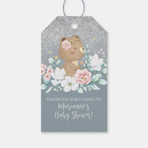 Étiquettes-cadeau Ours bébé shower floral pailleté bleu clair