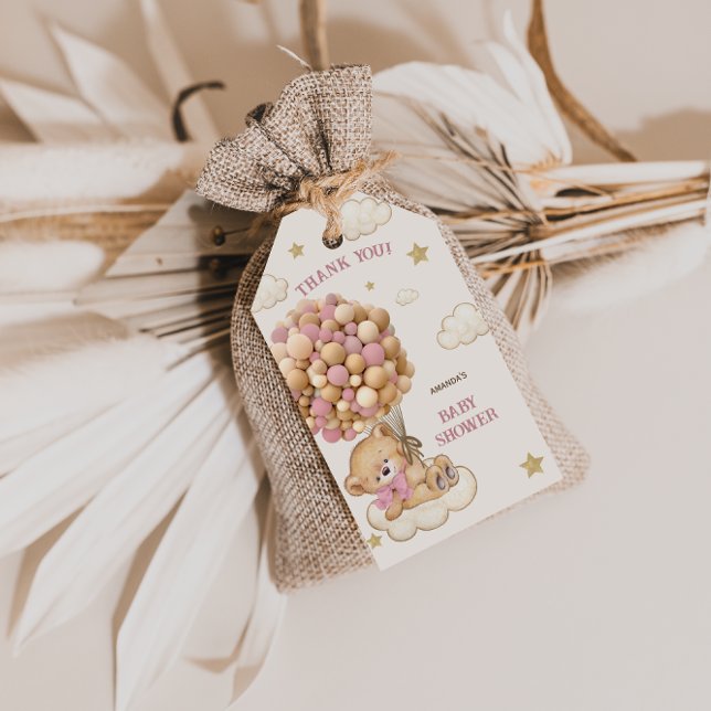 Étiquettes-cadeau Ours Boho Rose Ballon Baby Shower Merci (Créateur téléchargé)