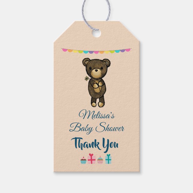Étiquettes-cadeau Ours Brown mignon avec Baby shower Fleur Jaune (Devant)