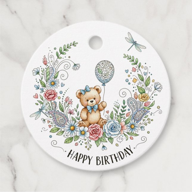 Étiquettes Cadeau Ours d'anniversaire fleuri Boho (Devant)