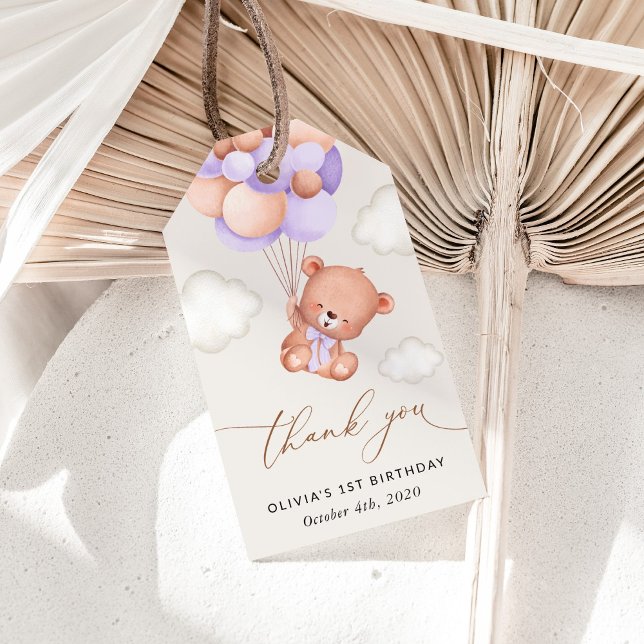 Étiquettes-cadeau Ours De Bébé, Ballons Violets, Premier Anniversair (Créateur téléchargé)