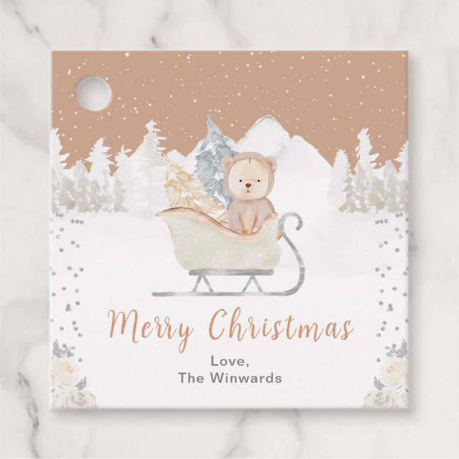 Étiquettes Cadeau Ours d'hiver Brown Sleigh Joyeux Noël (Devant)