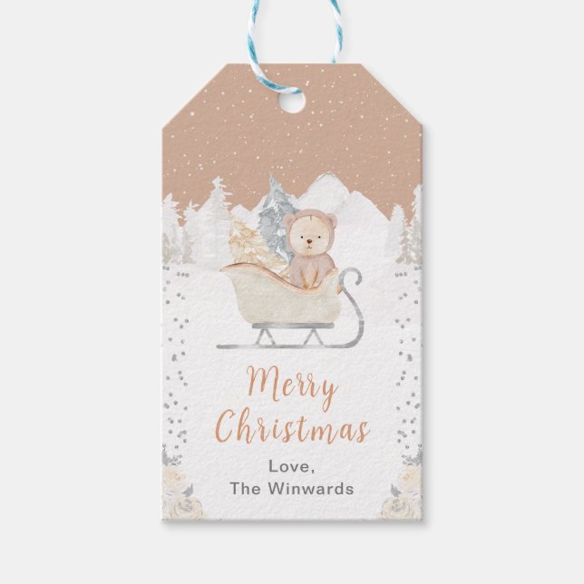 Étiquettes-cadeau Ours d'hiver Brown Sleigh Joyeux Noël (Devant)