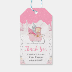 Étiquettes-cadeau Ours d'hiver Rose Traîneau Baby Shower Merci