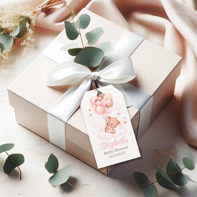 Étiquettes-cadeau Ours en peluche avec Baby shower à ballon rose (Teddy Bear with Pink Balloon Baby Shower Gift Tags on a neutral gift box.)