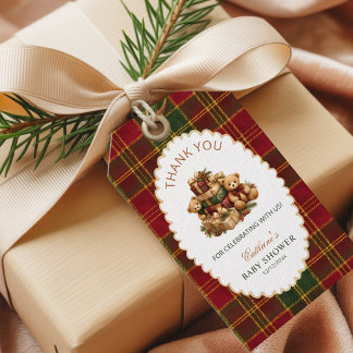 Étiquettes-cadeau Ours en peluche de Noël à carreaux tartan rouge Me