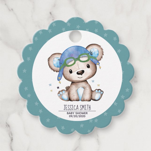 Étiquettes Cadeau Ours en peluche du pilote d'aquarelle (Devant)