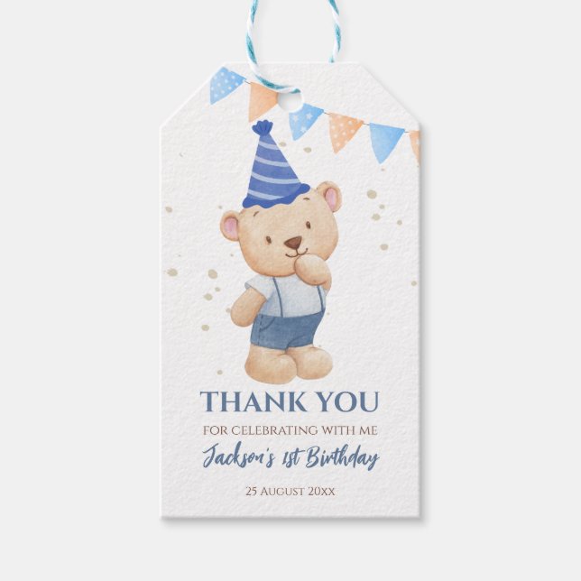 Étiquettes-cadeau Ours en peluche garçons anniversaire remerciements (Devant)