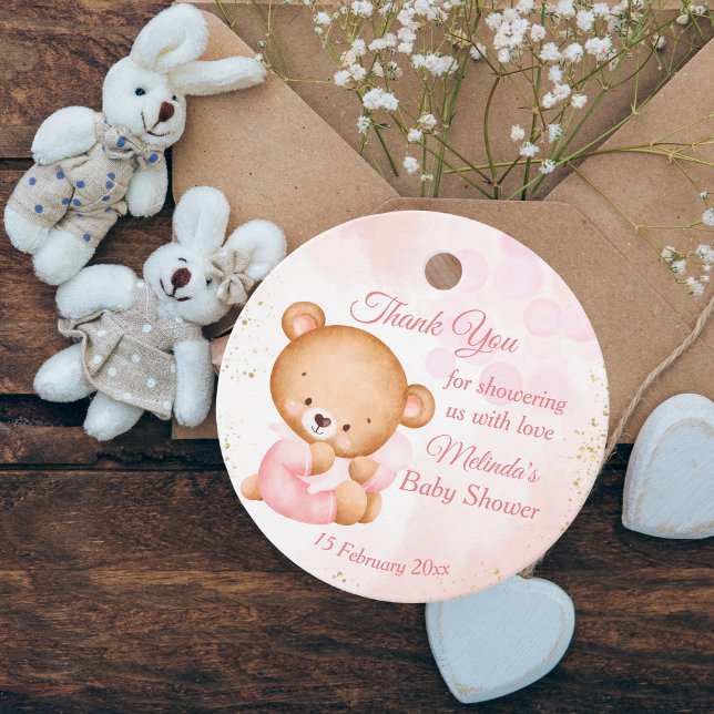 Étiquettes Cadeau Ours en peluche rose mignon avec baby shower couss (Créateur téléchargé)