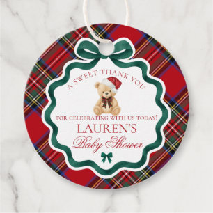 Étiquettes Cadeau Ours en tartan rouge Noël bébé Shower Circle