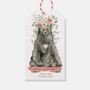 Étiquettes-cadeau Ours noir aux fleurs Joyeux cadeau de Noël