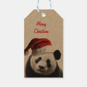 Étiquettes-cadeau Ours Panda portant un chapeau de Père Noël pour No